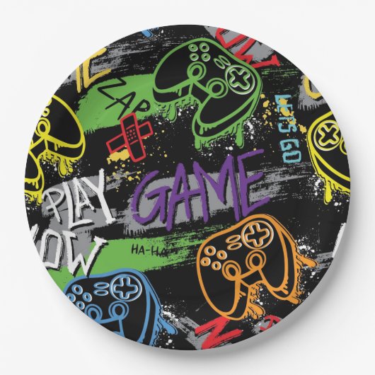 Neon Graffiti Gaming Patroon Papieren Bordje (Voorkant)