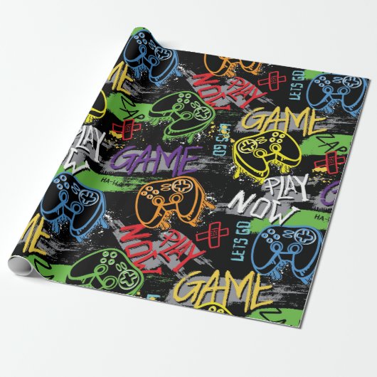 Neon Graffiti Gaming Pattern Cadeaupapier (Uitgerold)