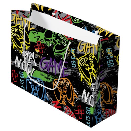 Neon Graffiti Gaming Pattern Groot Cadeauzakje (Voorkant Gekanteld)