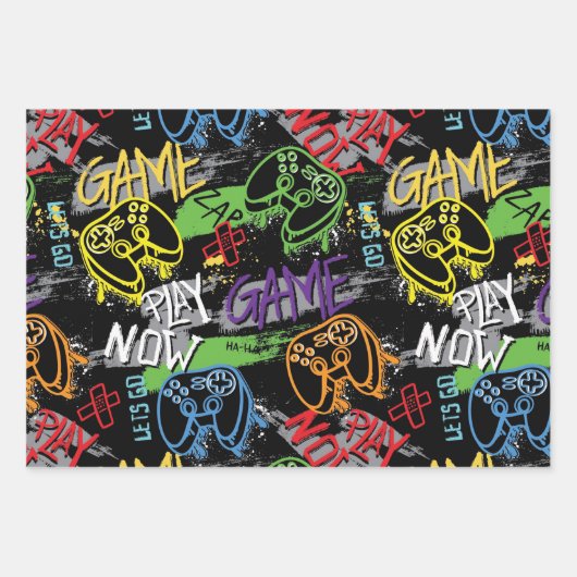Neon Graffiti Gaming Pattern Inpakpapier Vel (Voorkant)