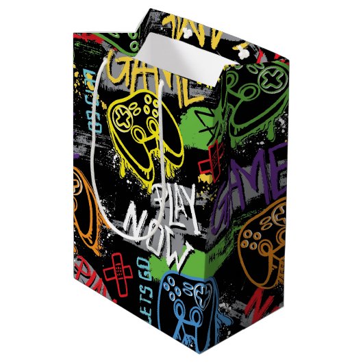 Neon Graffiti Gaming Pattern Medium Cadeauzakje (Achterkant Gekanteld)