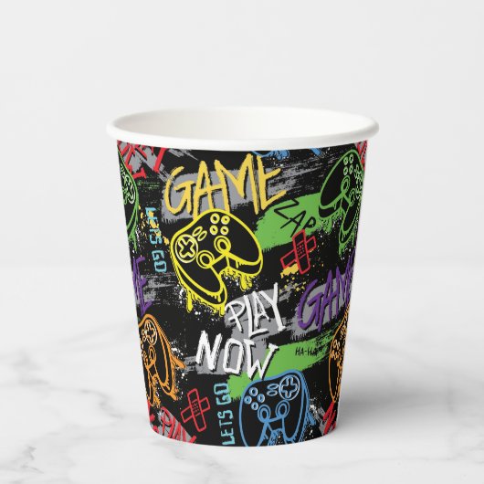 Neon Graffiti Gaming Pattern Papieren Bekers (Achterkant)