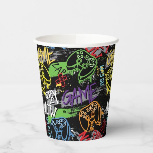 Neon Graffiti Gaming Pattern Papieren Bekers (Links)