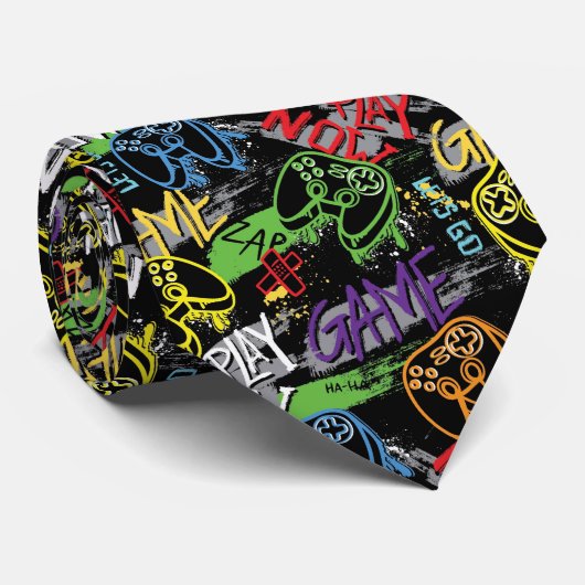 Neon Graffiti Gaming Pattern Stropdas (Opgerold)