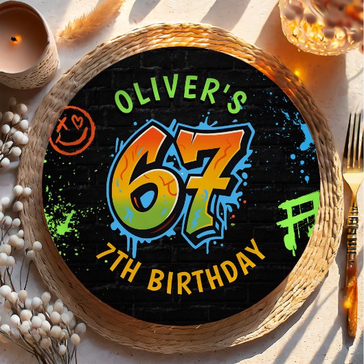 Neon Graffiti Six Seven Kids 7th Birthday Party Papieren Bordje