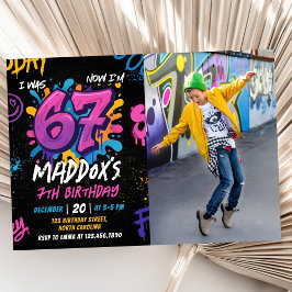 Neon Graffiti Six Seven Kids 7th Birthday Photo Kaart