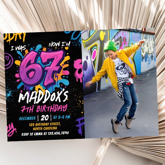 Neon Graffiti Six Seven Kids 7th Birthday Photo Kaart