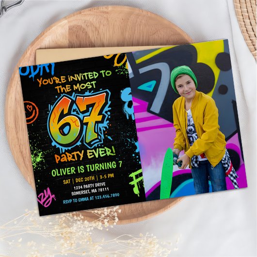 Neon Graffiti Six Seven Kids 7th Birthday Photo Kaart