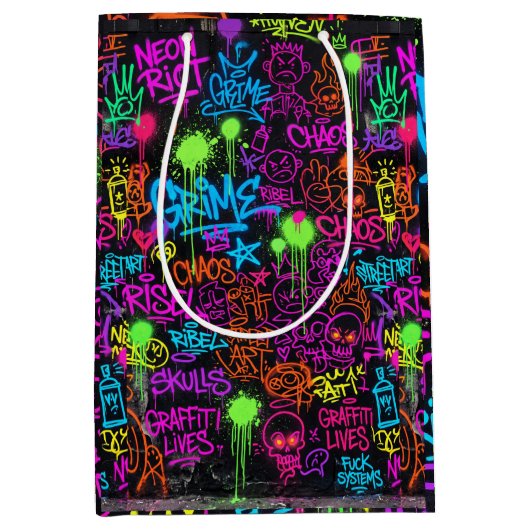 Neon Graffiti Straatkunst Collage Patroon Medium Cadeauzakje (Voorkant)