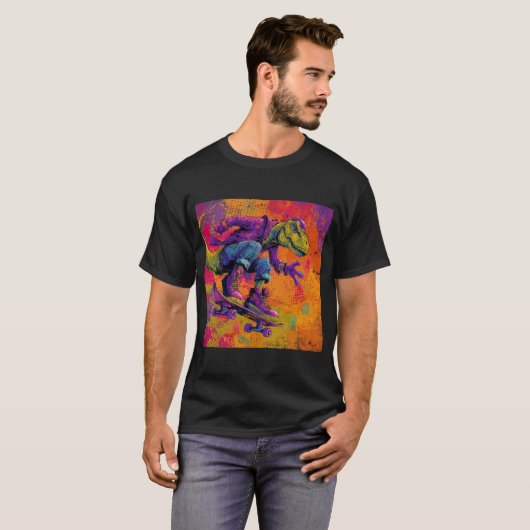 Neon Graffiti T-Rex Skate Trick T-shirt (Voorkant volledig)