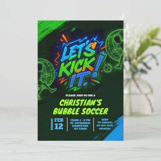Neon Graffiti Tiener Bubble Voetbal Uitnodiging (Staand voorkant)