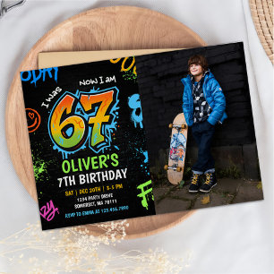Neon Graffiti Zes Zeven Kinderen 7e Verjaardag Fot Kaart