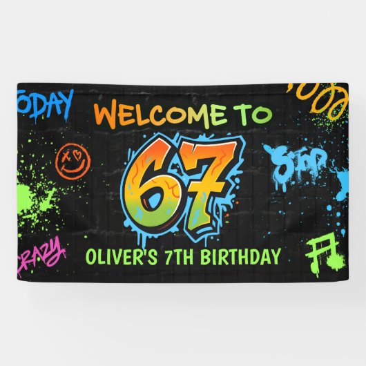 Neon Graffiti Zes Zeven Kinderen 7e Verjaardagsfee Spandoek (Horizontaal)