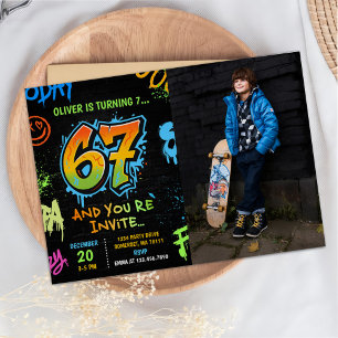 Neon Graffiti Zes Zeven Kinderen 7e Verjaardagsfot Kaart