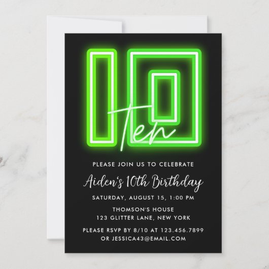 Neon Green 10th Birthday Invitation Kaart (Voorkant)