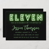 Neon Green 11th Birthday Invitation Kaart (Voorkant / Achterkant)