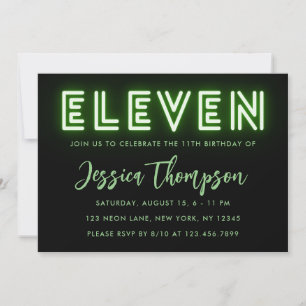 Neon Green 11th Birthday Invitation Kaart