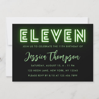 Neon Green 11th Birthday Invitation Kaart
