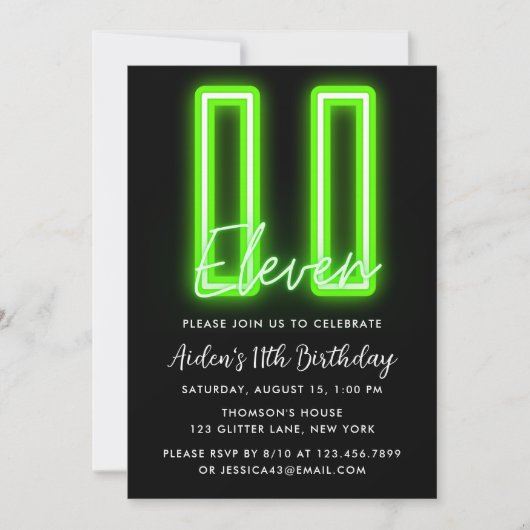Neon Green 11th Birthday Invitation Kaart (Voorkant)