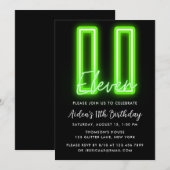 Neon Green 11th Birthday Invitation Kaart (Voorkant / Achterkant)