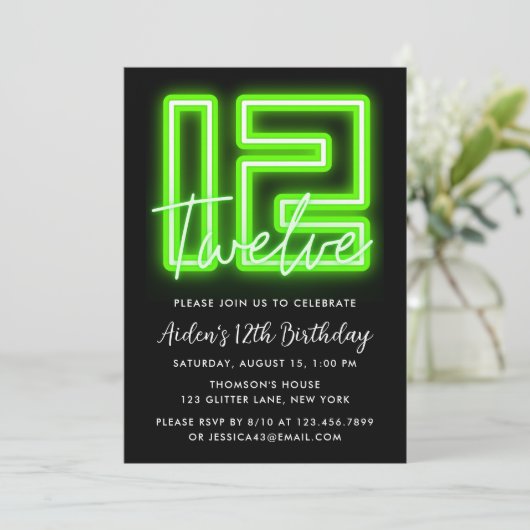Neon Green 12th Birthday Invitation Kaart (Staand voorkant)