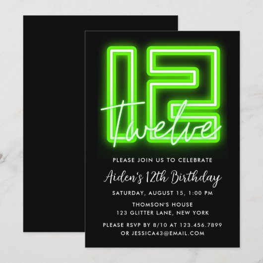 Neon Green 12th Birthday Invitation Kaart (Voorkant / Achterkant)