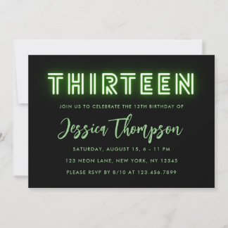 Neon Green 13th Birthday Invitation Kaart