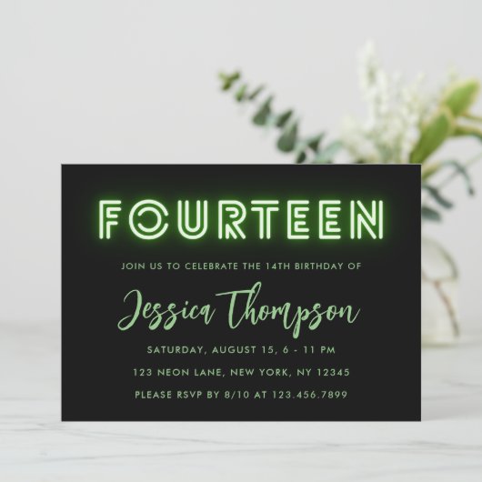 Neon Green 14th Birthday Invitation Kaart (Staand voorkant)