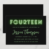 Neon Green 14th Birthday Invitation Kaart (Voorkant / Achterkant)
