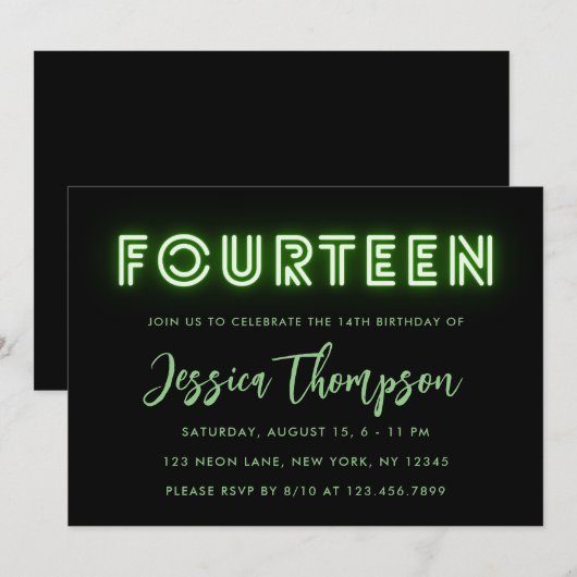 Neon Green 14th Birthday Invitation Kaart (Voorkant / Achterkant)