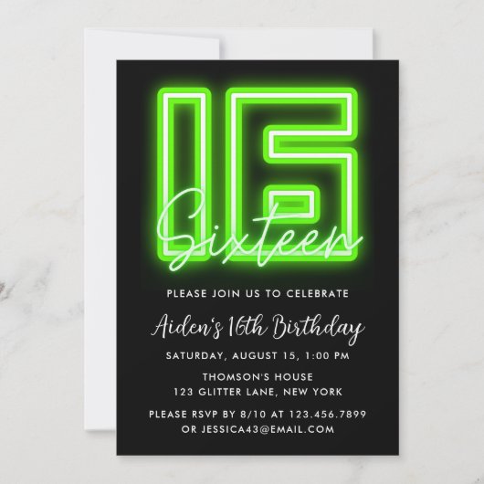 Neon Green 15th Birthday Invitation Kaart (Voorkant)