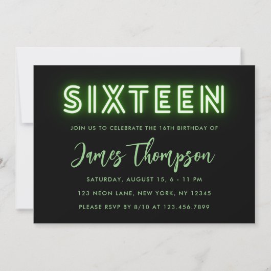Neon Green 16th Birthday Invitation Kaart (Voorkant)