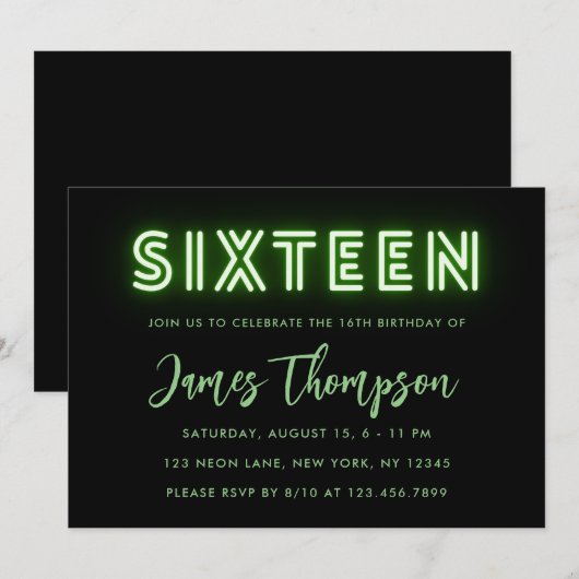 Neon Green 16th Birthday Invitation Kaart (Voorkant / Achterkant)