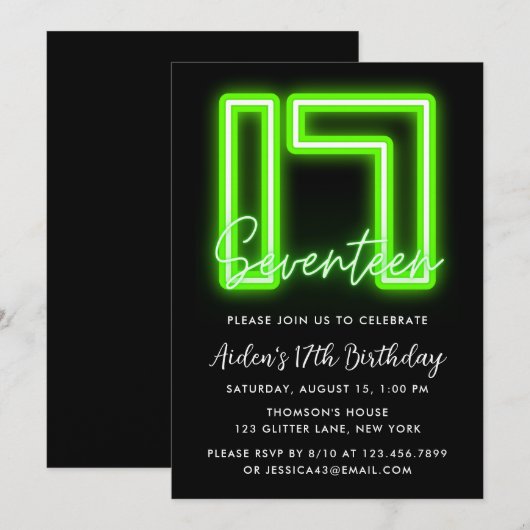 Neon Green 17th Birthday Invitation Kaart (Voorkant / Achterkant)
