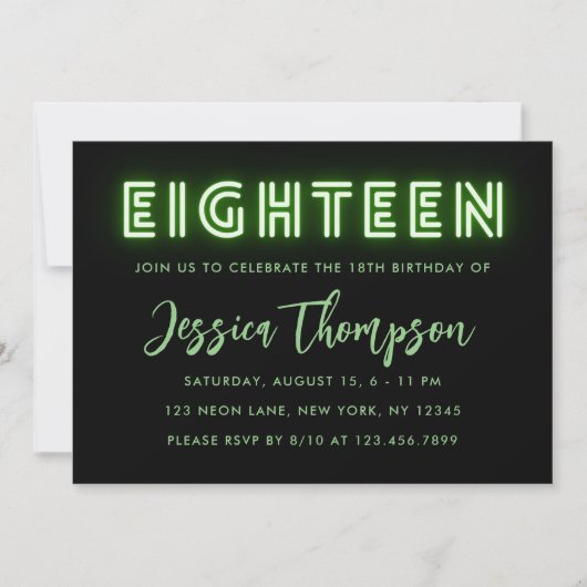 Neon Green 18th Birthday Invitation Kaart (Voorkant)