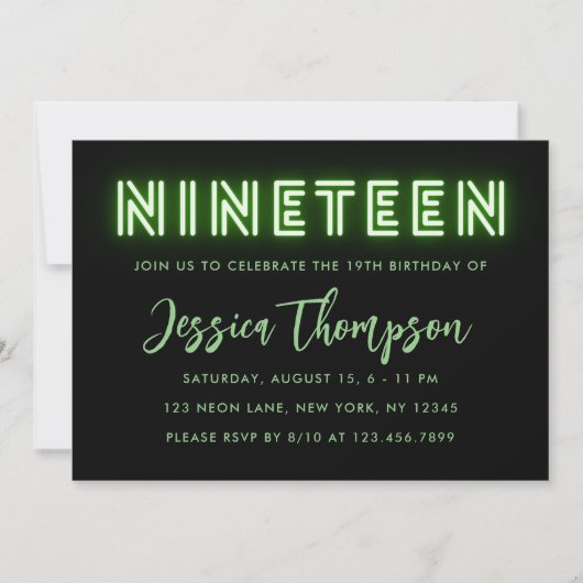 Neon Green 19th Birthday Invitation Kaart (Voorkant)