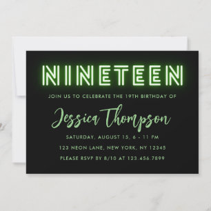 Neon Green 19th Birthday Invitation Kaart
