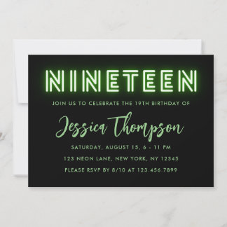 Neon Green 19th Birthday Invitation Kaart