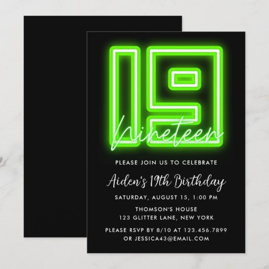 Neon Green 19th Birthday Invitation Kaart (Voorkant / Achterkant)