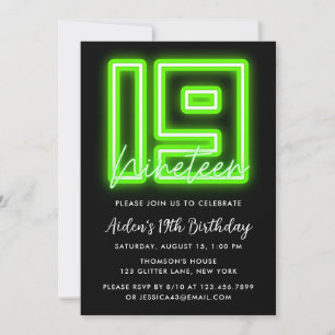 Neon Green 19th Birthday Invitation Kaart