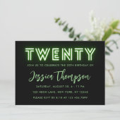 Neon Green 20th Birthday Invitation Kaart (Staand voorkant)