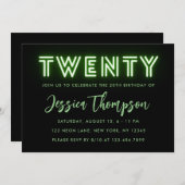 Neon Green 20th Birthday Invitation Kaart (Voorkant / Achterkant)