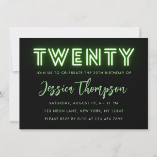 Neon Green 20th Birthday Invitation Kaart