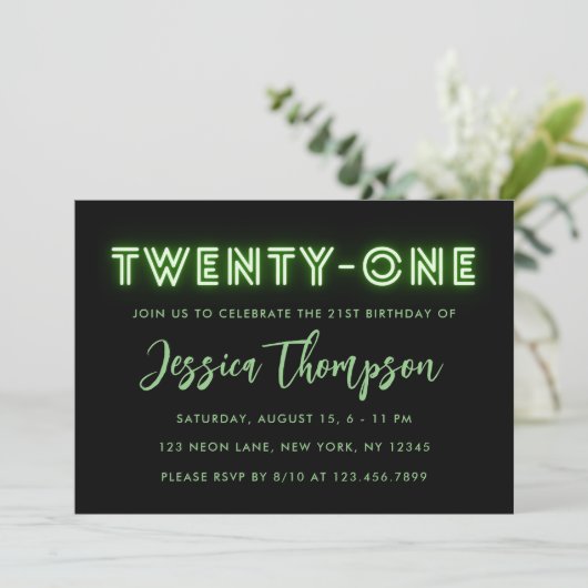 Neon Green 21st Birthday Uitnodiging (Staand voorkant)