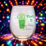 Neon Green 21st Birthday Wijnglas Zonder Voet<br><div class="desc">Een wijnglas op je 21ste verjaardagsfeestje; Neon groene paraplu drink met groene tekst die Eindelijk 21 zegt en zwarte verjaardagstekst met jouw naam.</div>
