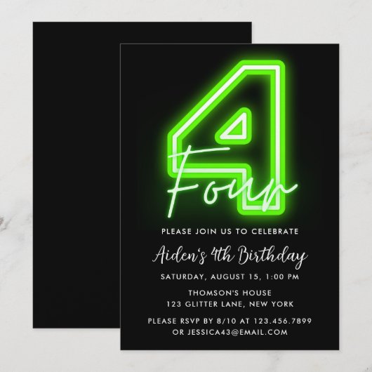 Neon Green 4th Birthday Invitation Kaart (Voorkant / Achterkant)