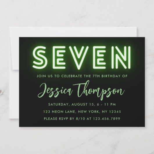 Neon Green 7th Birthday Invitation Kaart (Voorkant)