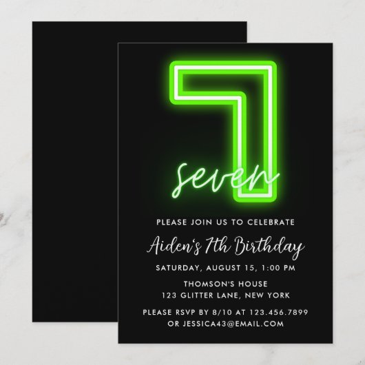 Neon Green 7th Birthday Invitation Kaart (Voorkant / Achterkant)