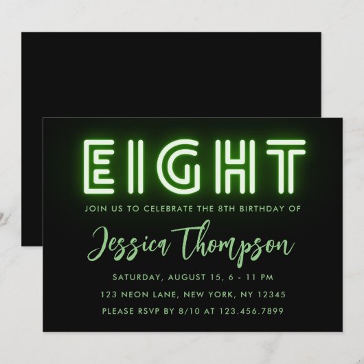 Neon Green 8th Birthday Invitation Kaart (Voorkant / Achterkant)