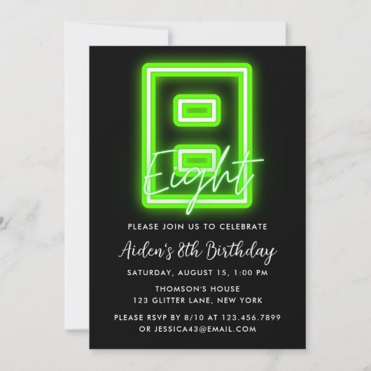 Neon Green 8th Birthday Invitation Kaart (Voorkant)